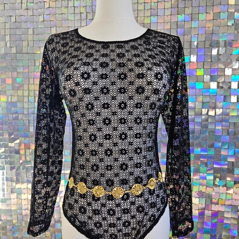 Black‎ Floral Lace Long Sleeve Bodysuit Sexy See Through Top - Picture 3 of 6